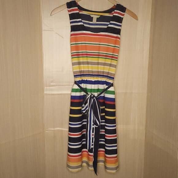 Banana Republic Womens Bright Multi Color Striped Belted Midi Dress 0 - Picture 1 of 6